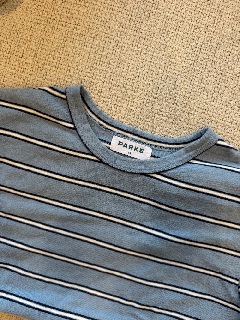 PARKE x Maggie & Emma Striped T-Shirt Blue White Baby Tee Womens Size M - Picture 4 of 7